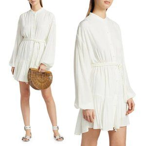 A.L.C. Blouson Long Sleeve Mini Dress White Button Up String Belt Flounce Hem
